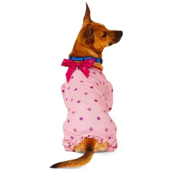 Dog Pajama Onesie With Bow Accent Pink, Soft & Comfy Small Pet Sleepwear Outfit - Picture 1 of 8